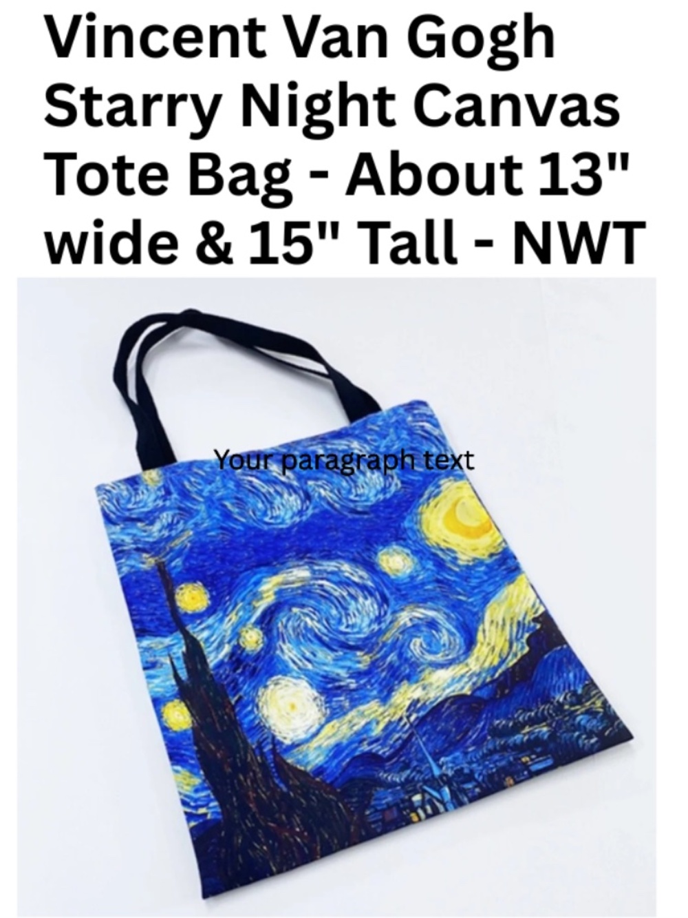 Vincent Van Gogh Starry Night Canvas Tote Bag - About 13" wide & 15" Tall - NWT
